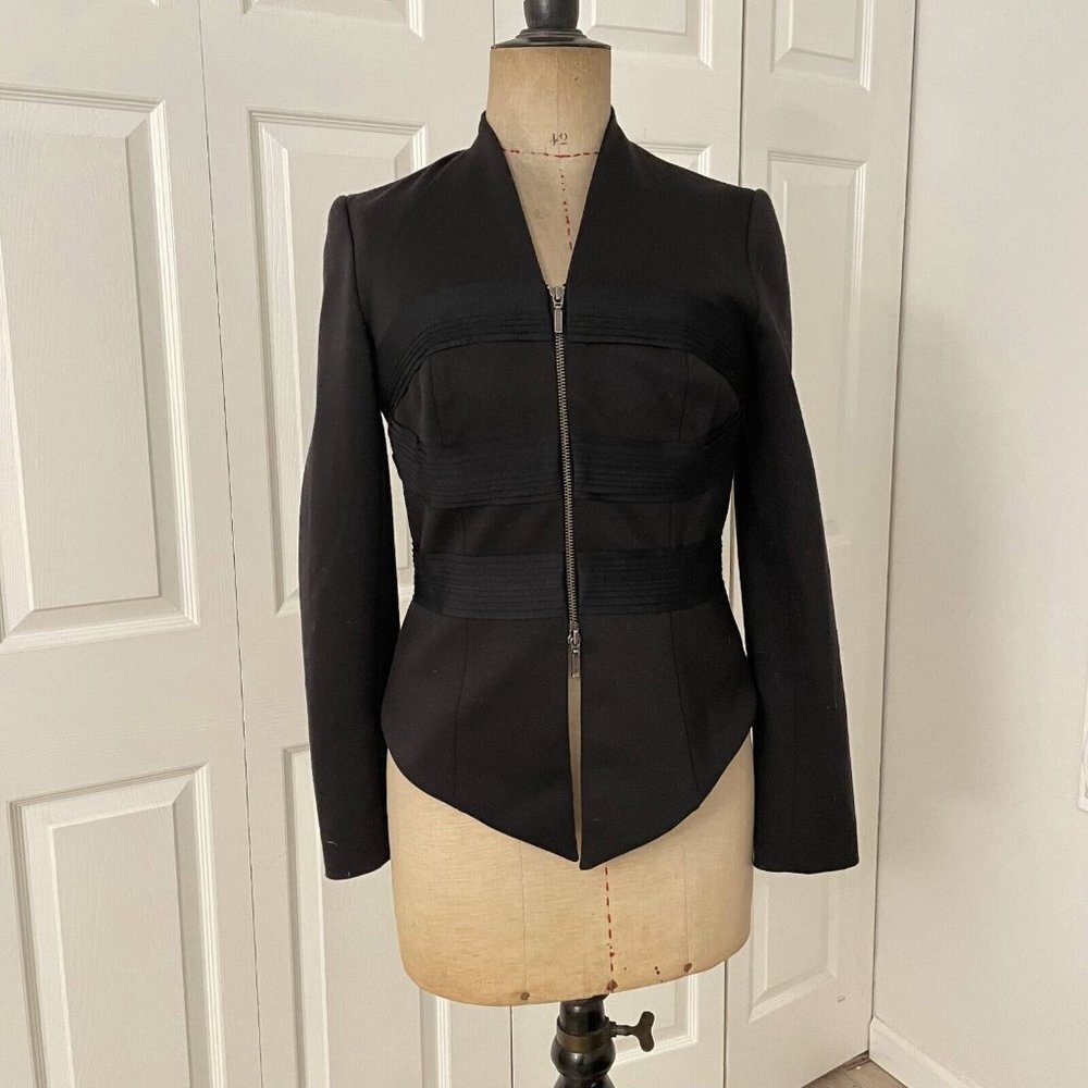 Robert Rodriguez Front Zip V-Neck Jacket Women Black Size 2 Padded Shoulder